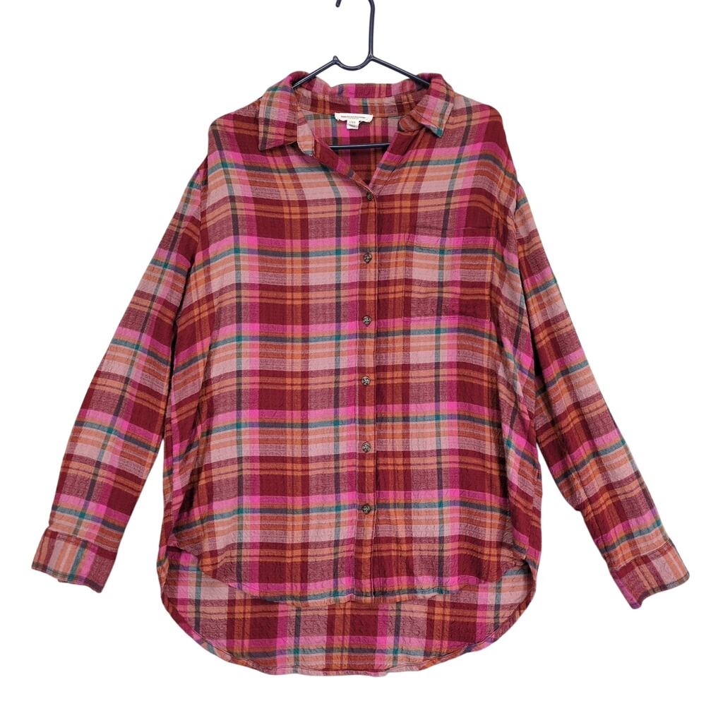 Beach Lunch Lounge Women's L Oversized Flannel Shirt Top, Long Sleeve Plaid Boho